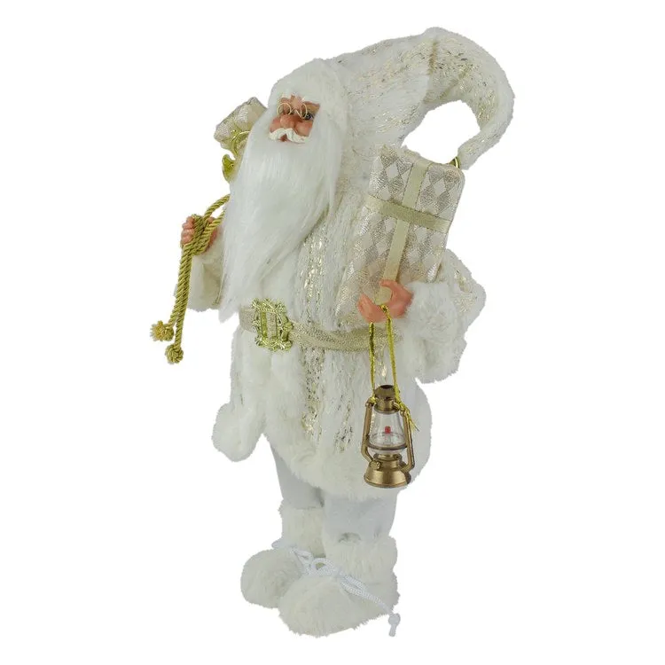 12" Winter White and Gold Standing Santa Christmas Figurine Dressed In Plush