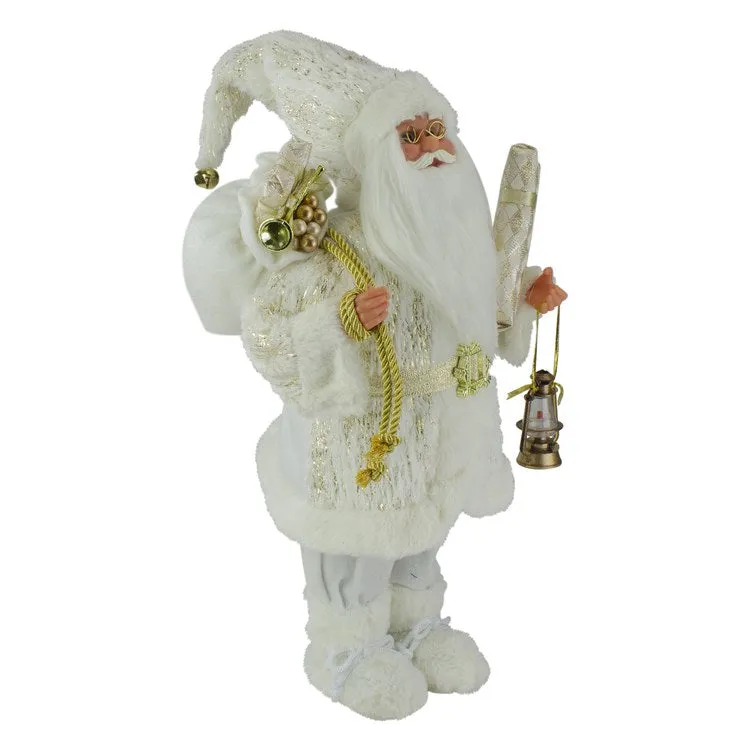 12" Winter White and Gold Standing Santa Christmas Figurine Dressed In Plush