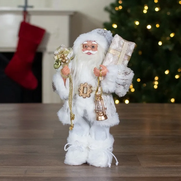 12" Winter White and Gold Standing Santa Christmas Figurine Dressed In Plush
