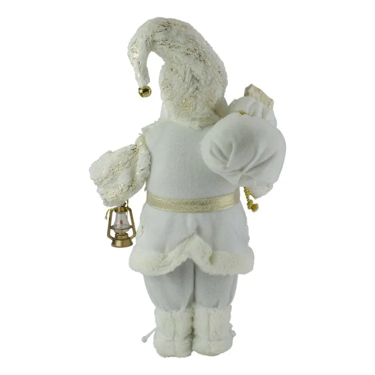 12" Winter White and Gold Standing Santa Christmas Figurine Dressed In Plush