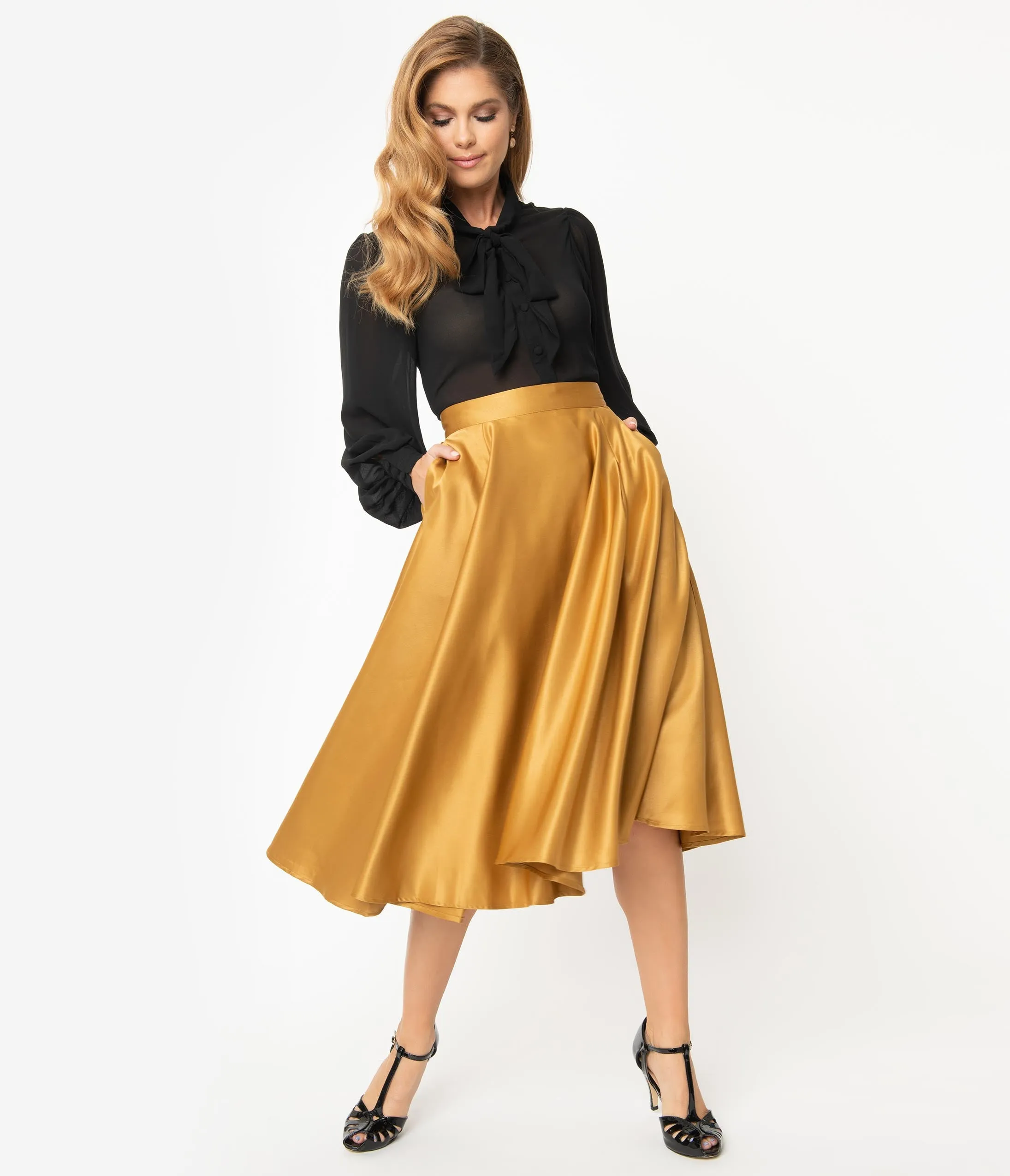 1950s Style Gold Pleated High Waist Swing Skirt