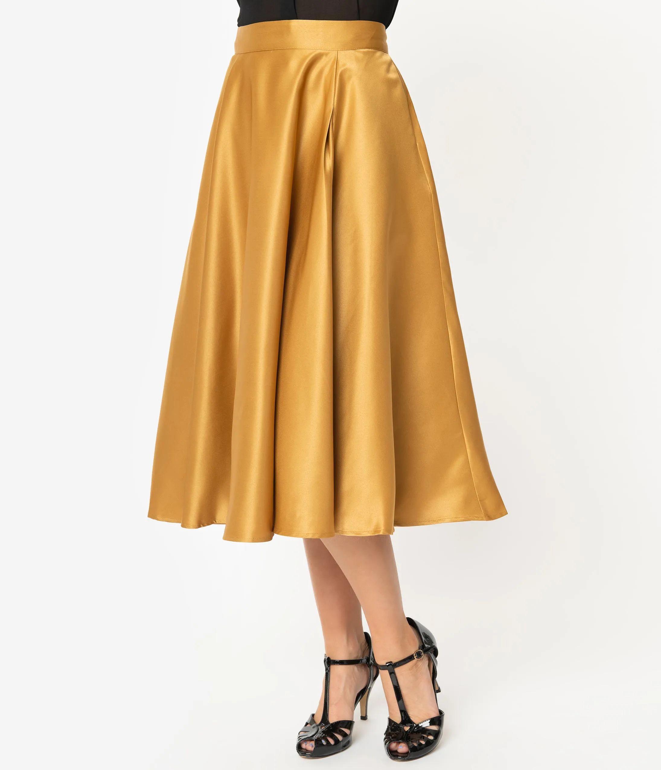 1950s Style Gold Pleated High Waist Swing Skirt
