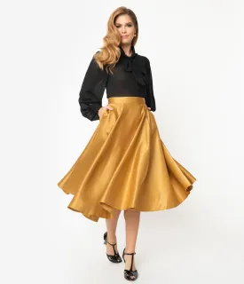1950s Style Gold Pleated High Waist Swing Skirt