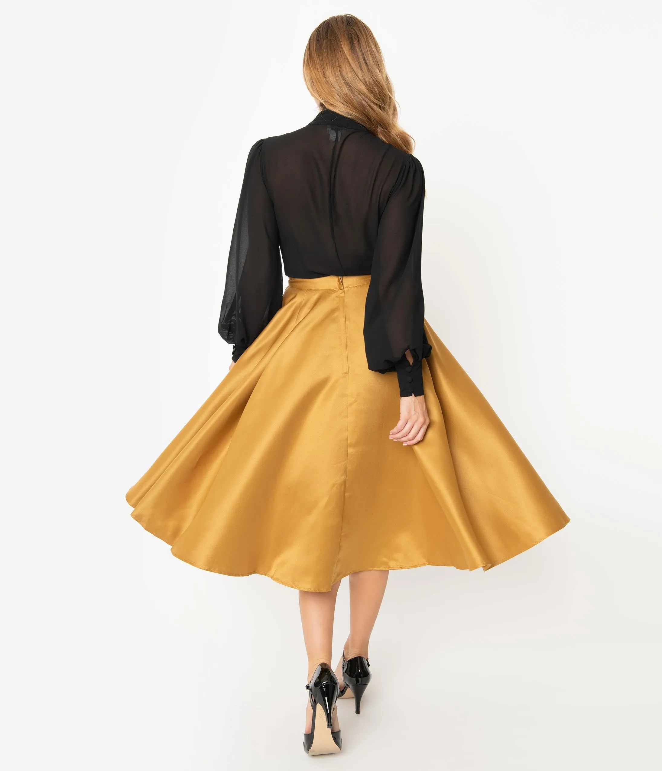 1950s Style Gold Pleated High Waist Swing Skirt