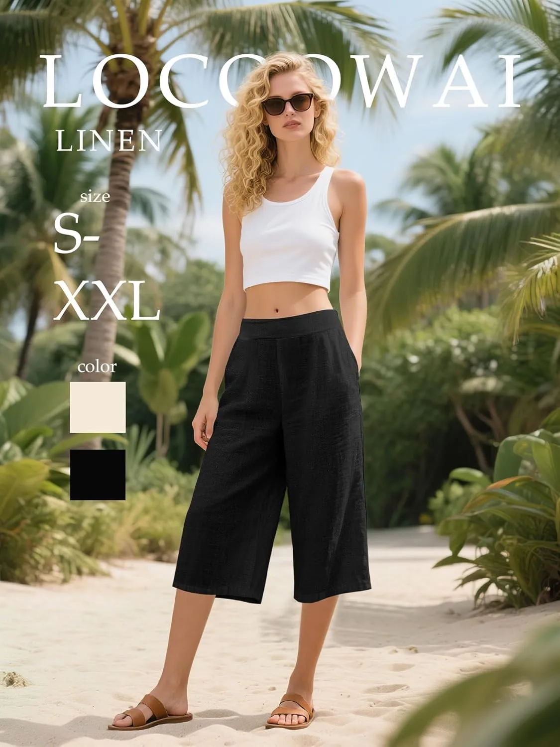 2 Pack Women's Linen Capri Pants Wide Leg Cropped Palazzo Trousers with Pockets High Waist Beach Summer Casual Pants
