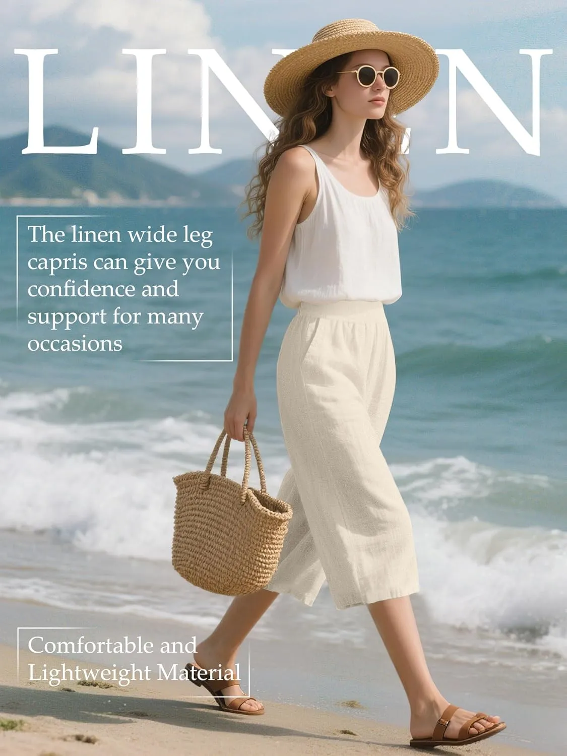 2 Pack Women's Linen Capri Pants Wide Leg Cropped Palazzo Trousers with Pockets High Waist Beach Summer Casual Pants