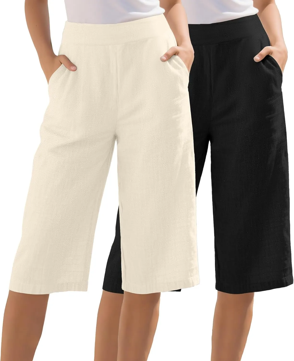 2 Pack Women's Linen Capri Pants Wide Leg Cropped Palazzo Trousers with Pockets High Waist Beach Summer Casual Pants