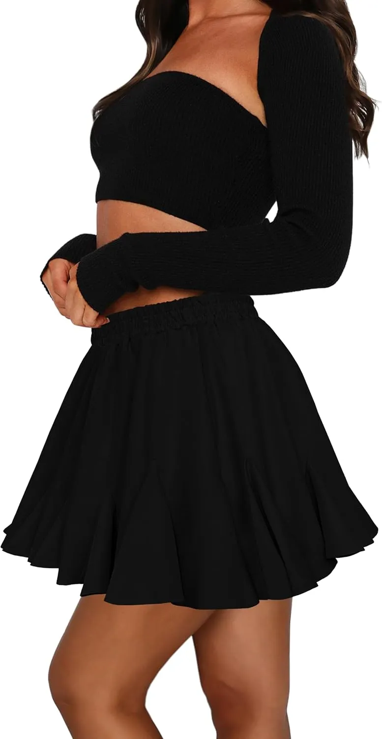 Afibi Women's Pleated Skater Skirt with Pockets High Waisted Ruffles Flared Mini Short Skirts