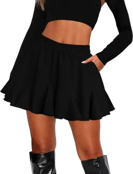 Afibi Women's Pleated Skater Skirt with Pockets High Waisted Ruffles Flared Mini Short Skirts