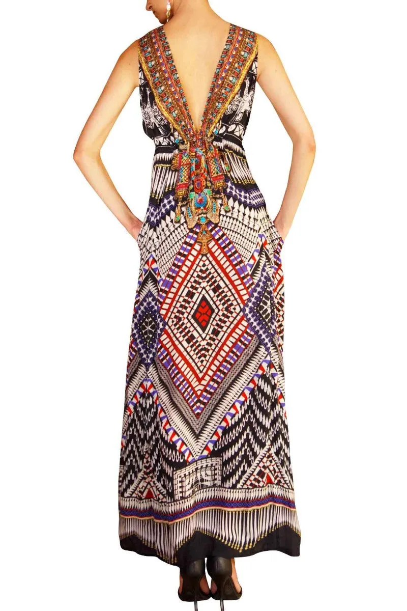 African Print Long Sexy Black Dress