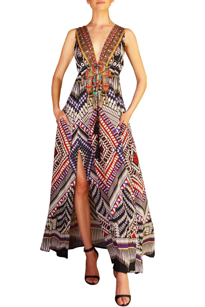 African Print Long Sexy Black Dress