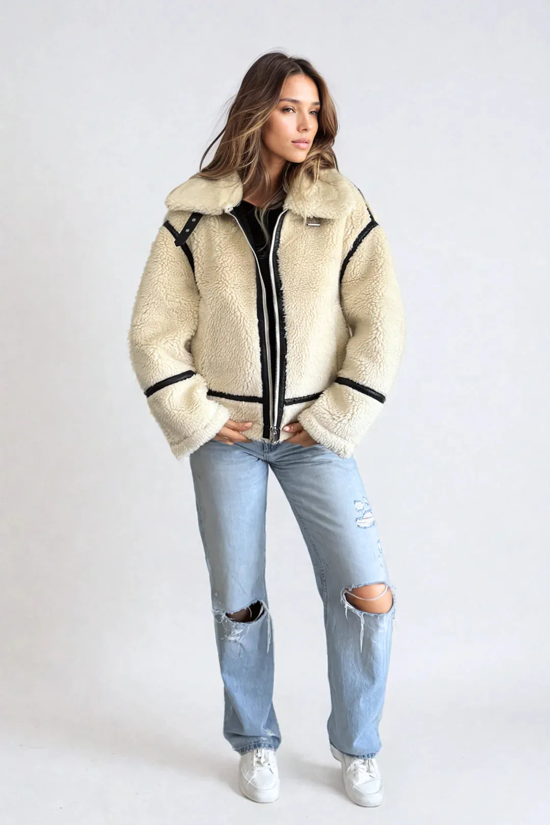 Alta Faux Fur Biker Jacket | Creme
