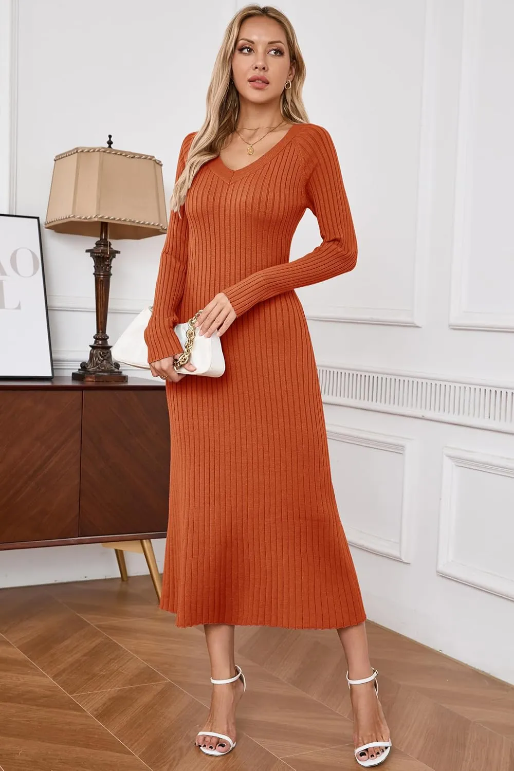 Arach&Cloz 2025 Spring Womens V Neck Long Sleeve Fishtail Sweater Dress Ribbed Knit Slim Fit Bodycon Midi Dress