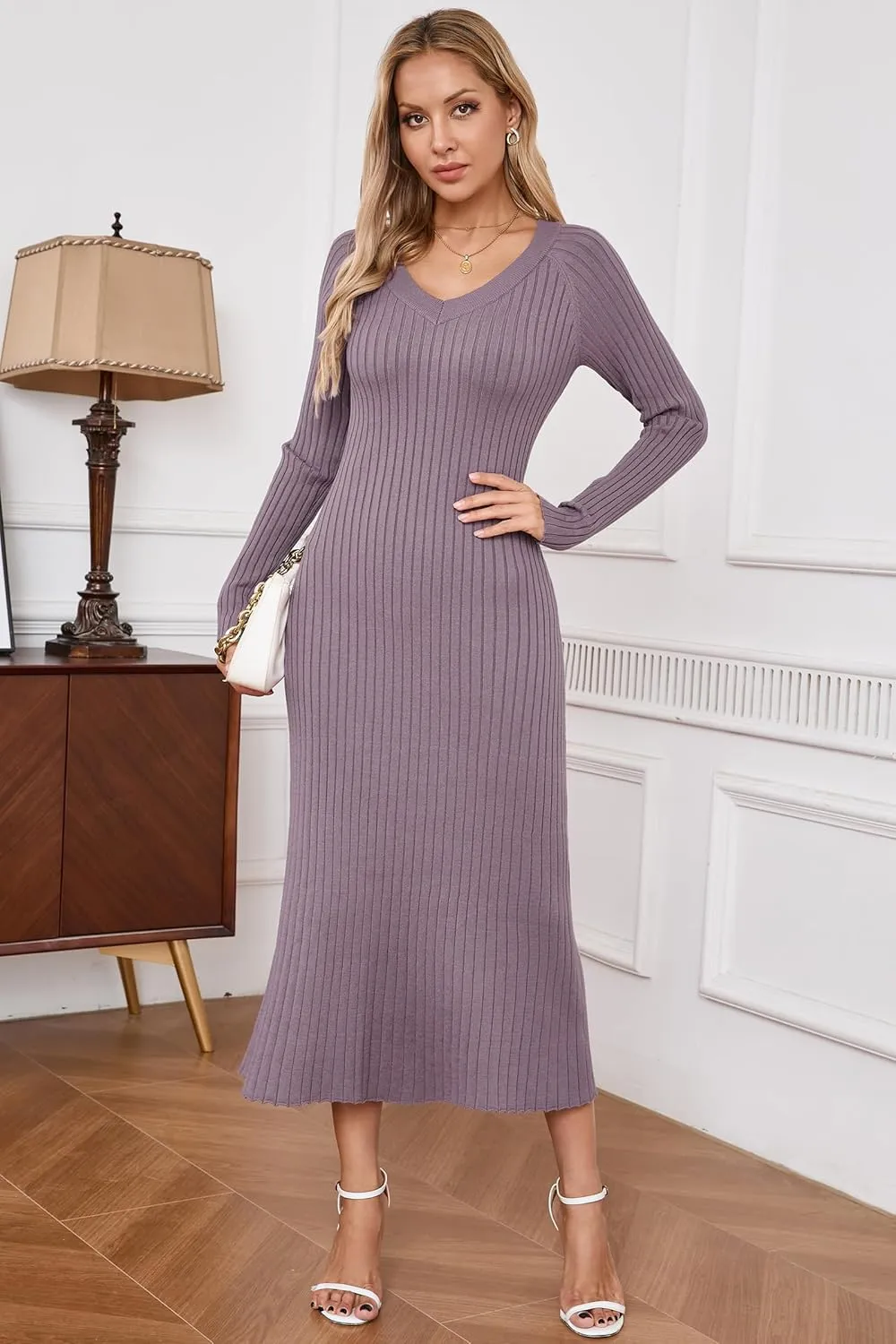 Arach&Cloz 2025 Spring Womens V Neck Long Sleeve Fishtail Sweater Dress Ribbed Knit Slim Fit Bodycon Midi Dress