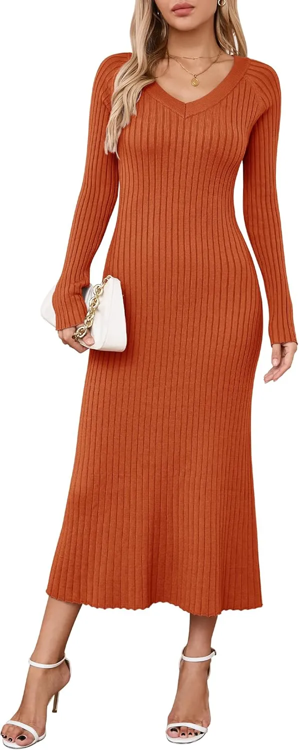 Arach&Cloz 2025 Spring Womens V Neck Long Sleeve Fishtail Sweater Dress Ribbed Knit Slim Fit Bodycon Midi Dress