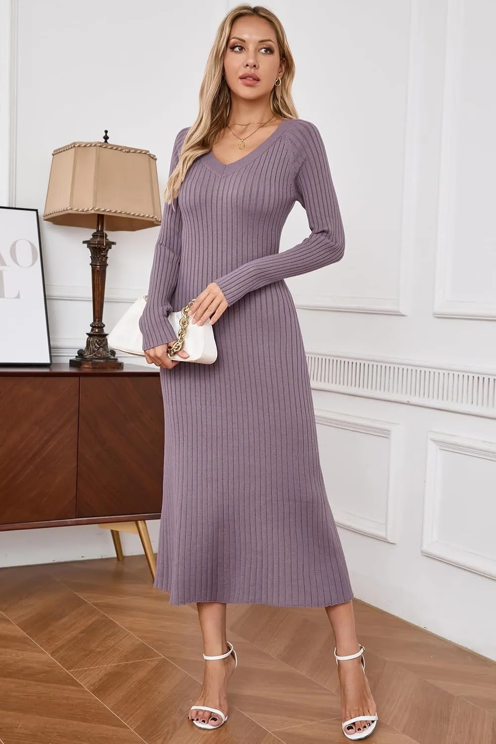 Arach&Cloz 2025 Spring Womens V Neck Long Sleeve Fishtail Sweater Dress Ribbed Knit Slim Fit Bodycon Midi Dress