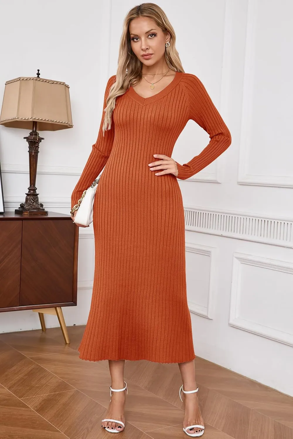 Arach&Cloz 2025 Spring Womens V Neck Long Sleeve Fishtail Sweater Dress Ribbed Knit Slim Fit Bodycon Midi Dress