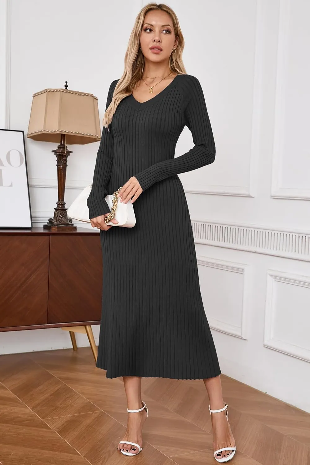 Arach&Cloz 2025 Spring Womens V Neck Long Sleeve Fishtail Sweater Dress Ribbed Knit Slim Fit Bodycon Midi Dress