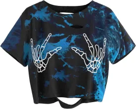 Avanova Women Skull Finger Graphic Distressed Tee Shirt Ripped Short Sleeve Crop Tops