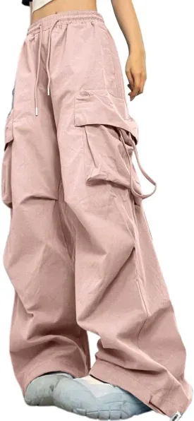 Baggy Cargo Pants Women Casual High Waisted Parachute Pants Drawstring Loose Hip Hop Wide Leg Pant Y2K Streetwear