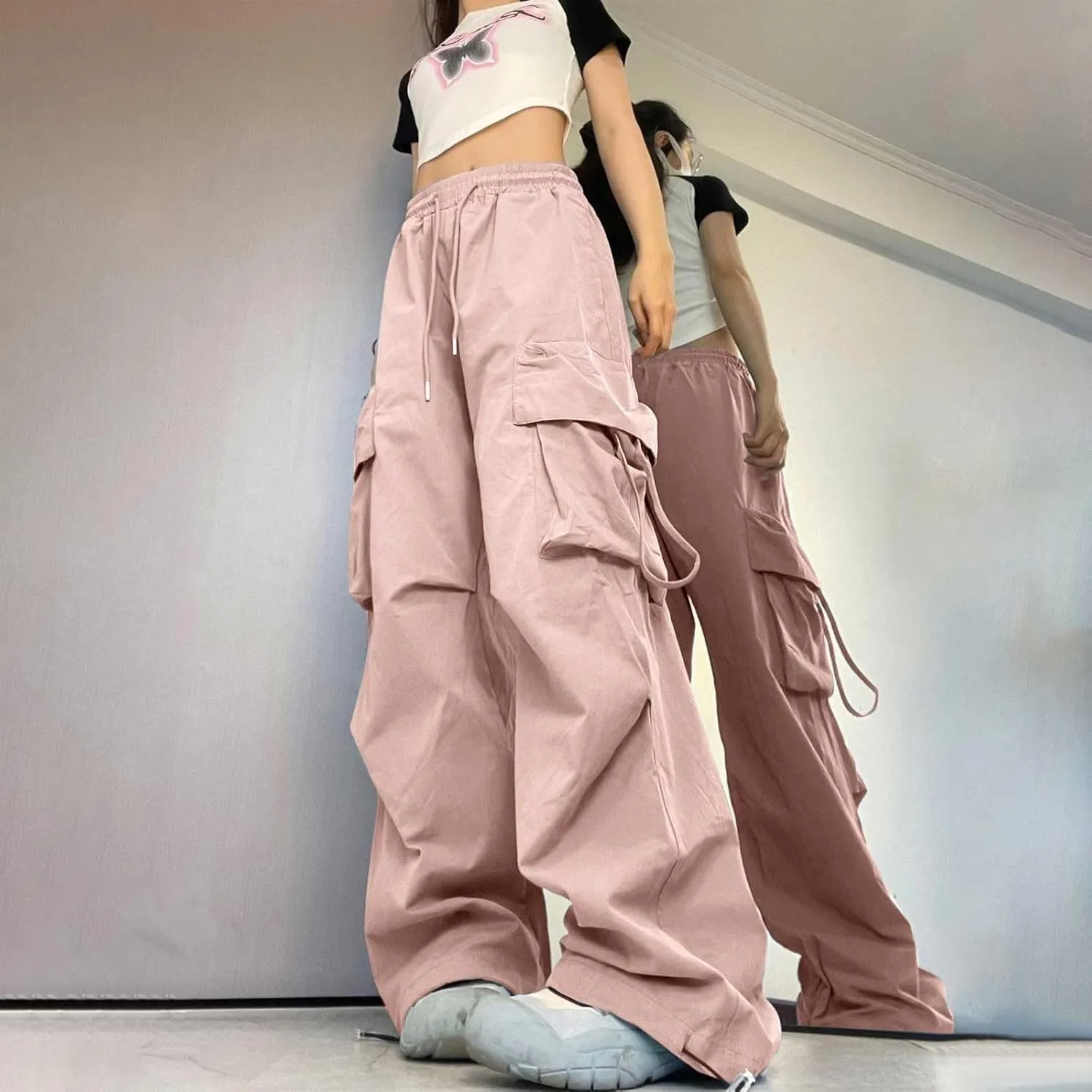 Baggy Cargo Pants Women Casual High Waisted Parachute Pants Drawstring Loose Hip Hop Wide Leg Pant Y2K Streetwear