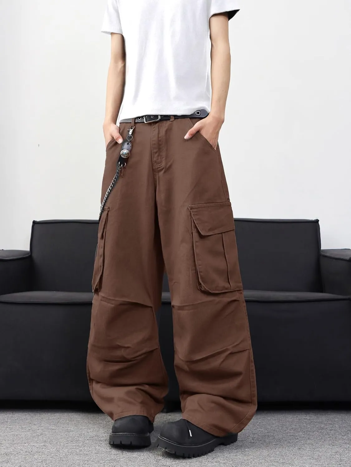 Baggy Denim Cargo Pants for Men with Pockets Mid Weight Wide Leg Hip Hop Skater Jeans Streetwear