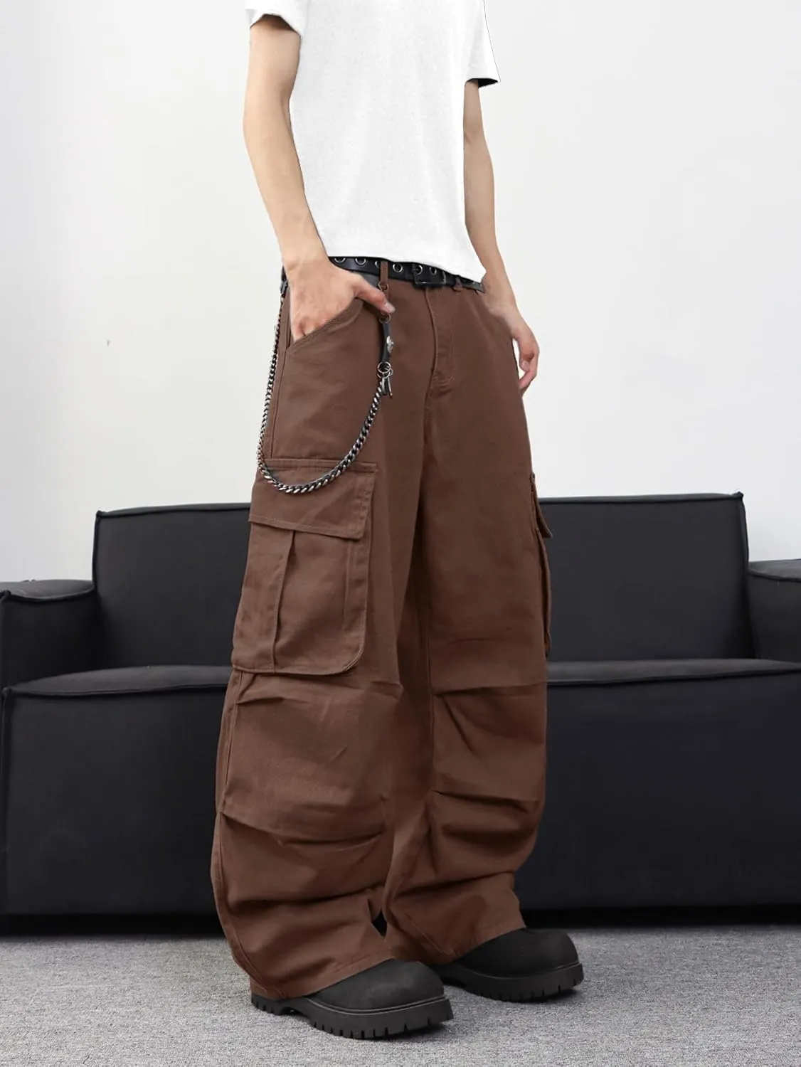 Baggy Denim Cargo Pants for Men with Pockets Mid Weight Wide Leg Hip Hop Skater Jeans Streetwear