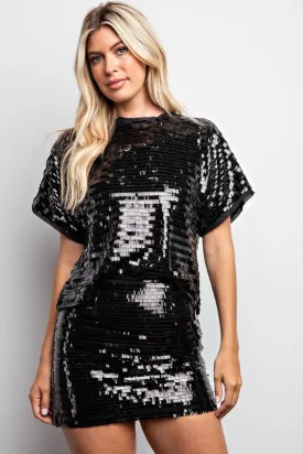 Black Contrast Chiffon Sequin Mini Skirt