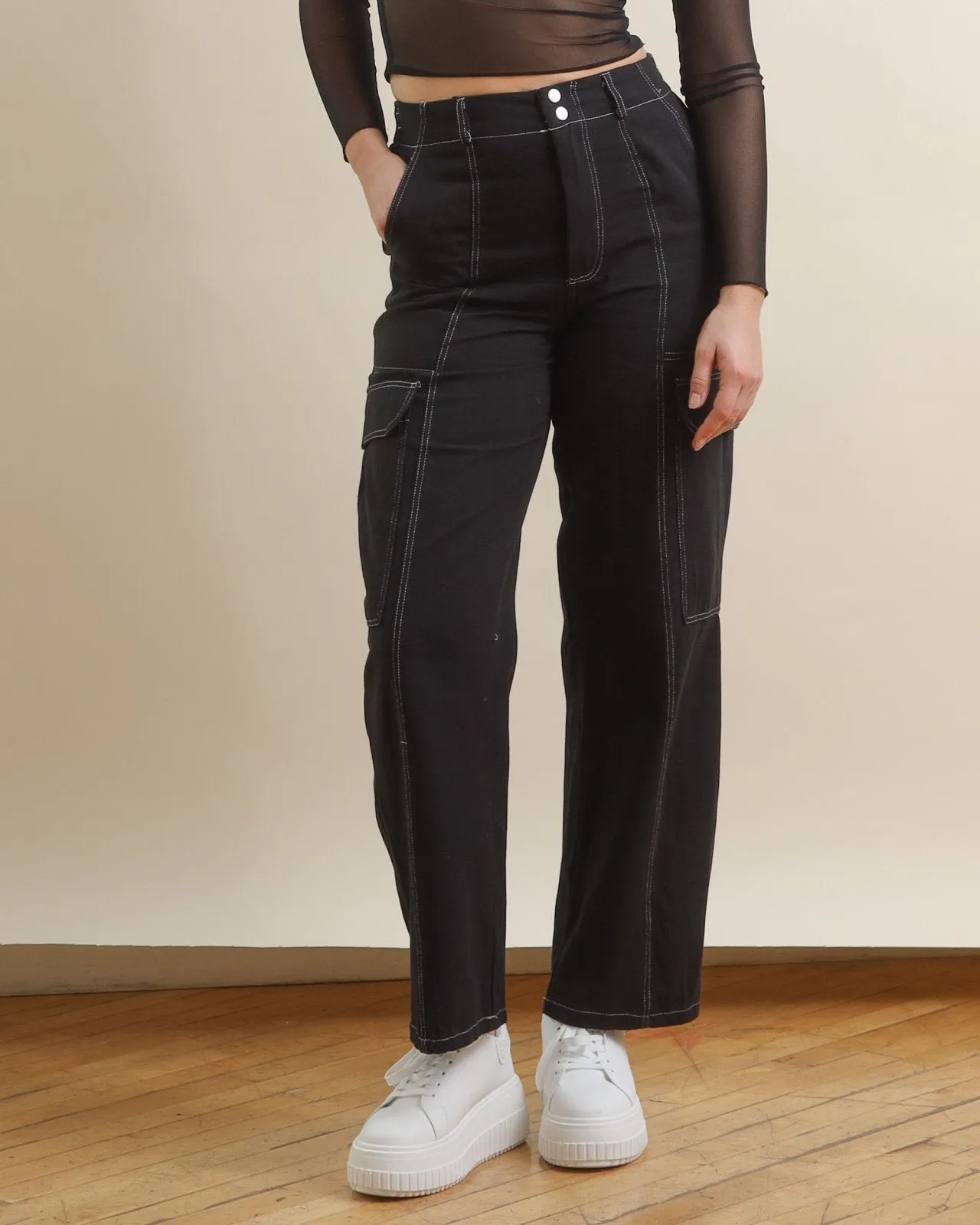 Black Contrast Stitch High Waisted Cargo Pants