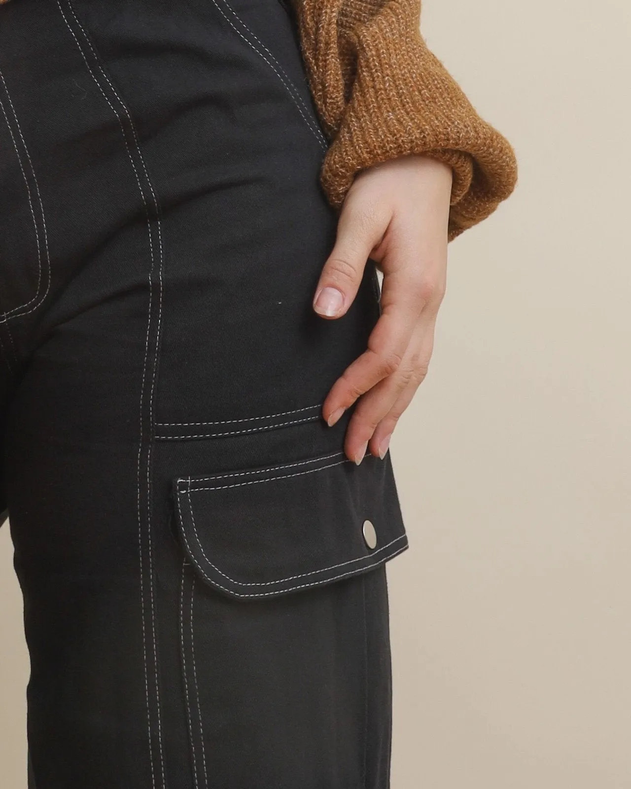 Black Contrast Stitch High Waisted Cargo Pants