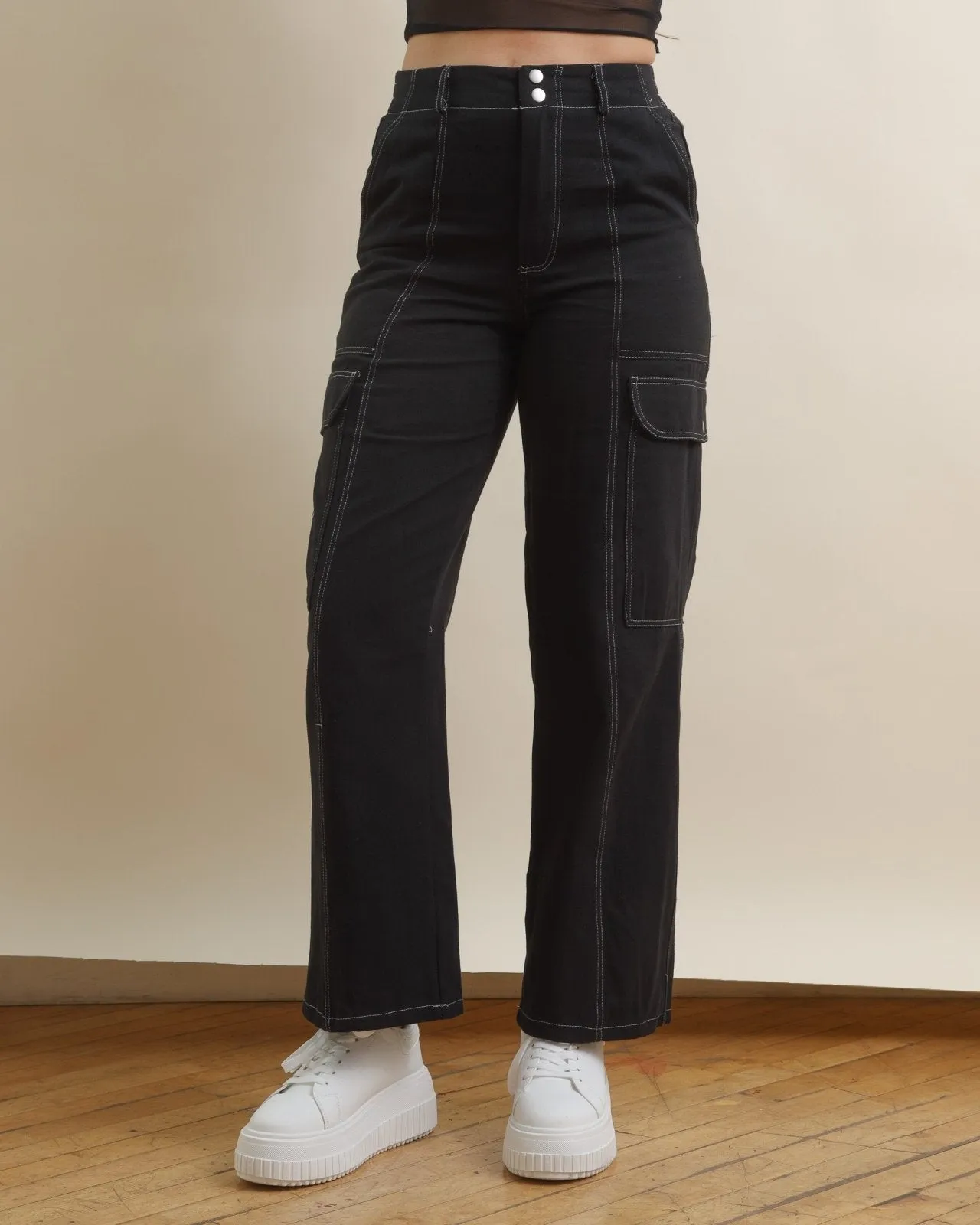 Black Contrast Stitch High Waisted Cargo Pants