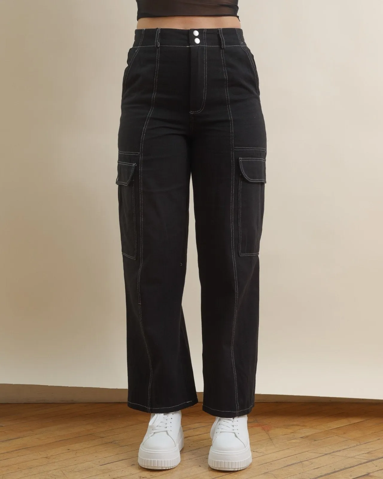 Black Contrast Stitch High Waisted Cargo Pants