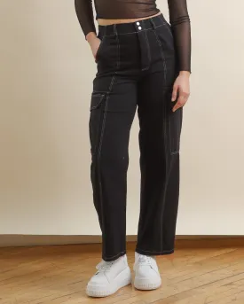 Black Contrast Stitch High Waisted Cargo Pants