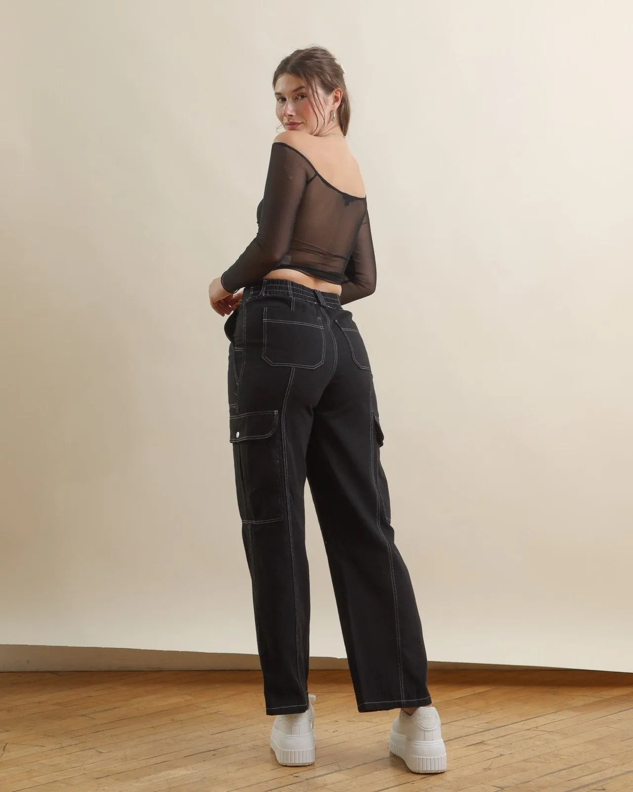 Black Contrast Stitch High Waisted Cargo Pants