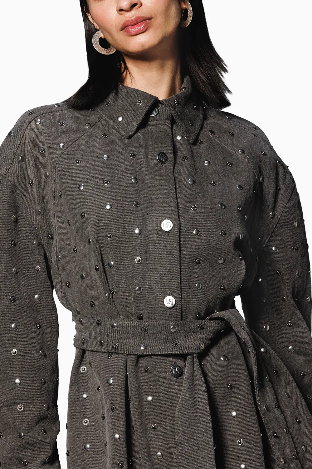 Black Washed Denim Studded Trench