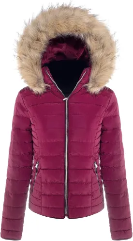 BodiLove Women's Warm Winter Quilted Puffer Short Coat High Collar Jacket with Removable Faux Fur Hood Zipper Vegan Leather Piping Wind Blocker Burgundy L