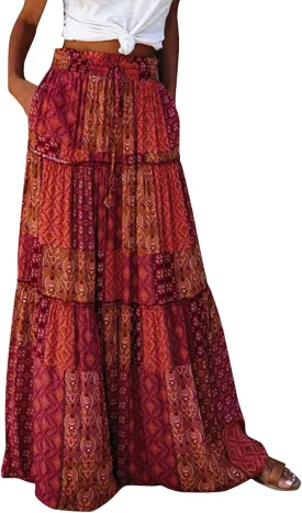 Boho Skirts for Women,2025 Summer Flowy High Waist A Line Maxi Skirt Elegant Pleated Floral Beach Outfits