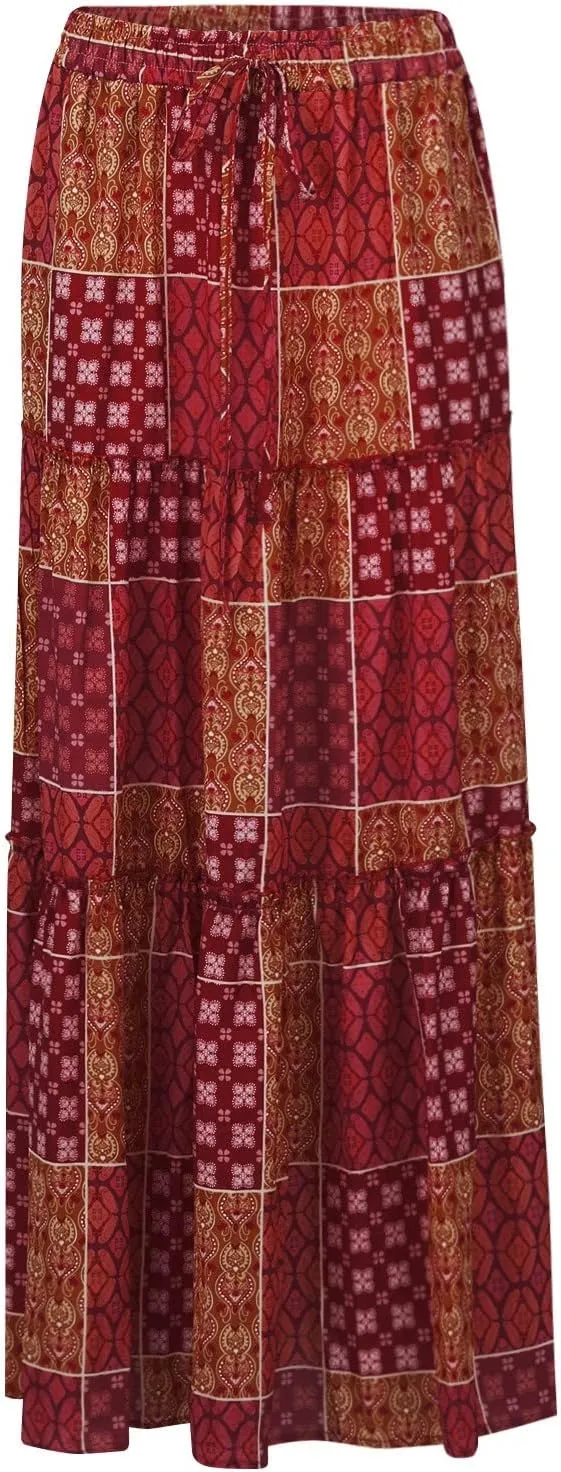 Boho Skirts for Women,2025 Summer Flowy High Waist A Line Maxi Skirt Elegant Pleated Floral Beach Outfits