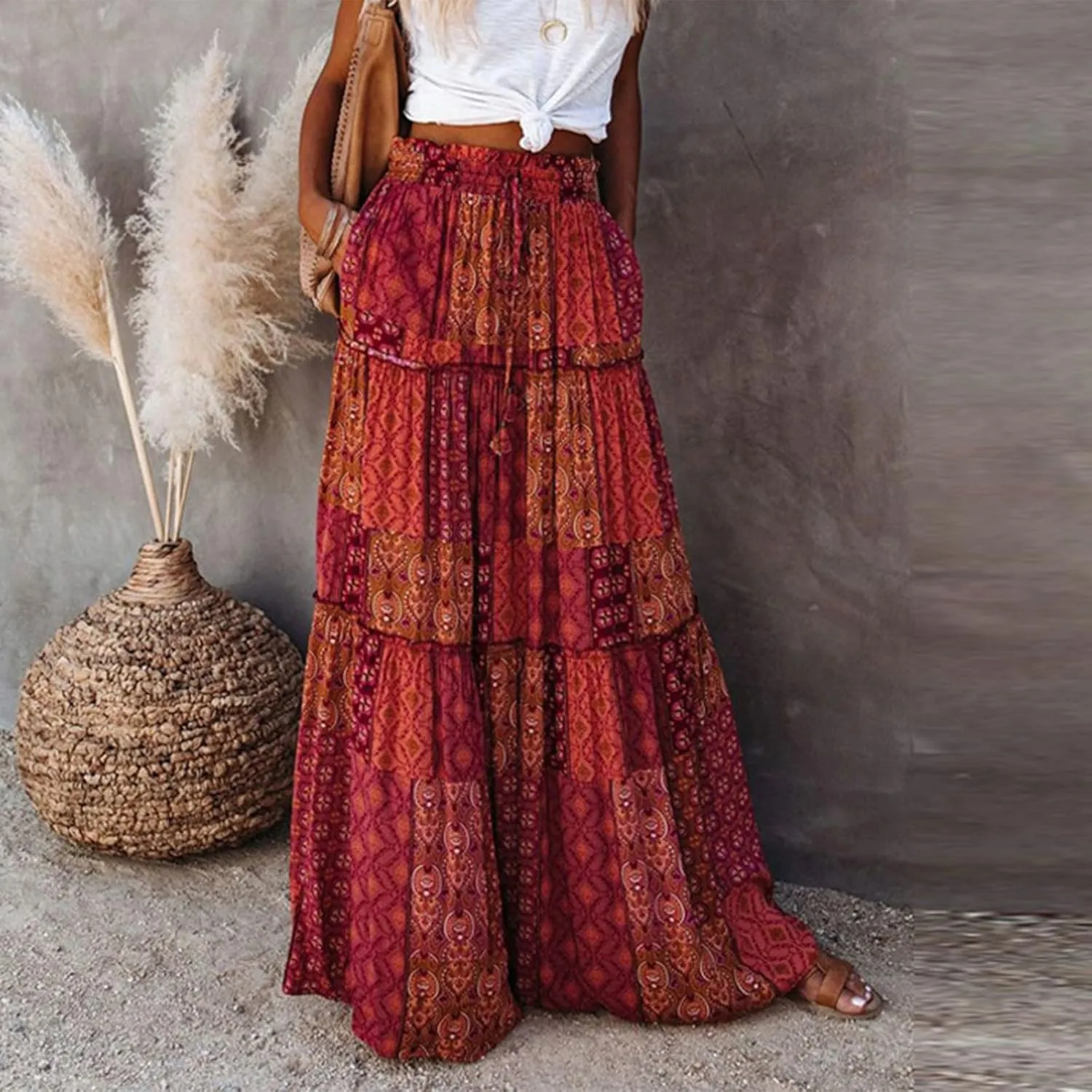 Boho Skirts for Women,2025 Summer Flowy High Waist A Line Maxi Skirt Elegant Pleated Floral Beach Outfits