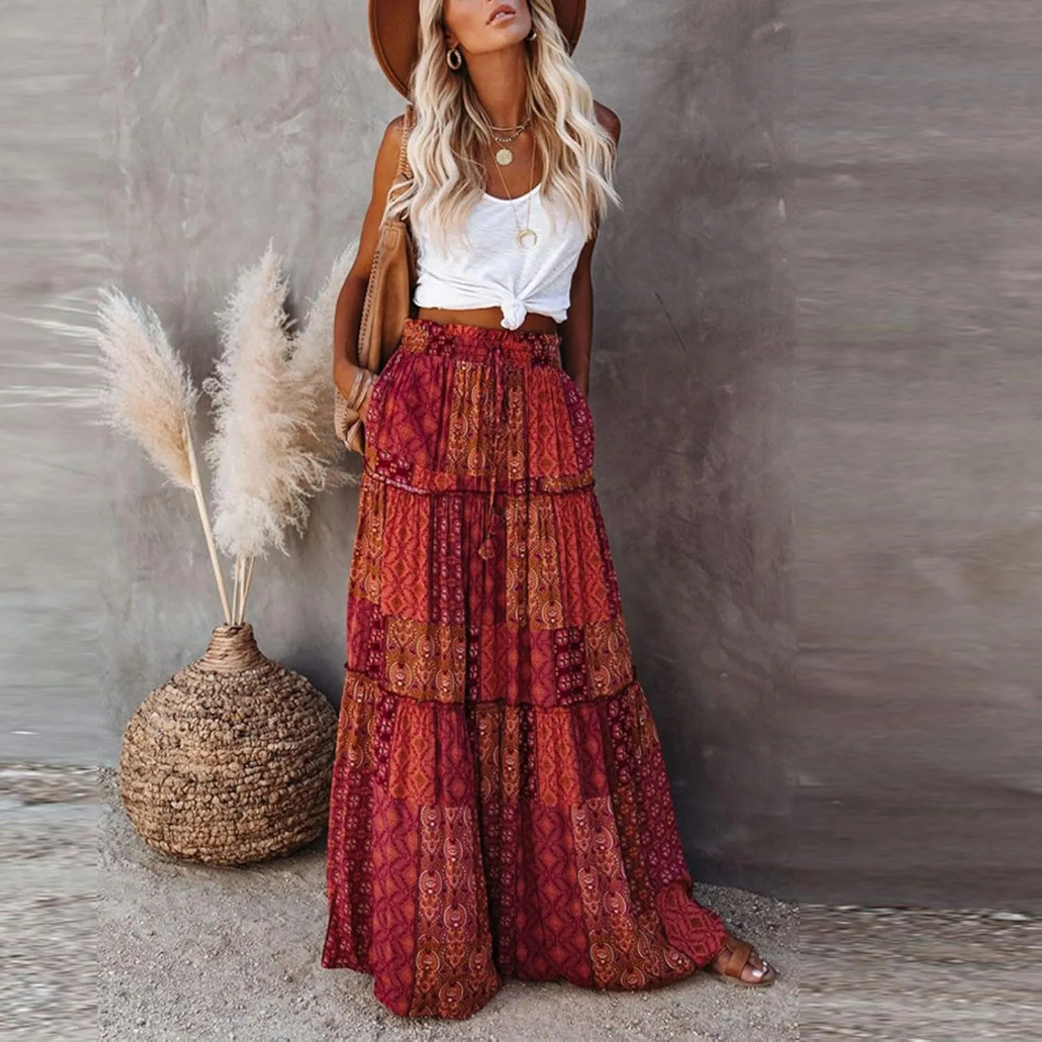 Boho Skirts for Women,2025 Summer Flowy High Waist A Line Maxi Skirt Elegant Pleated Floral Beach Outfits