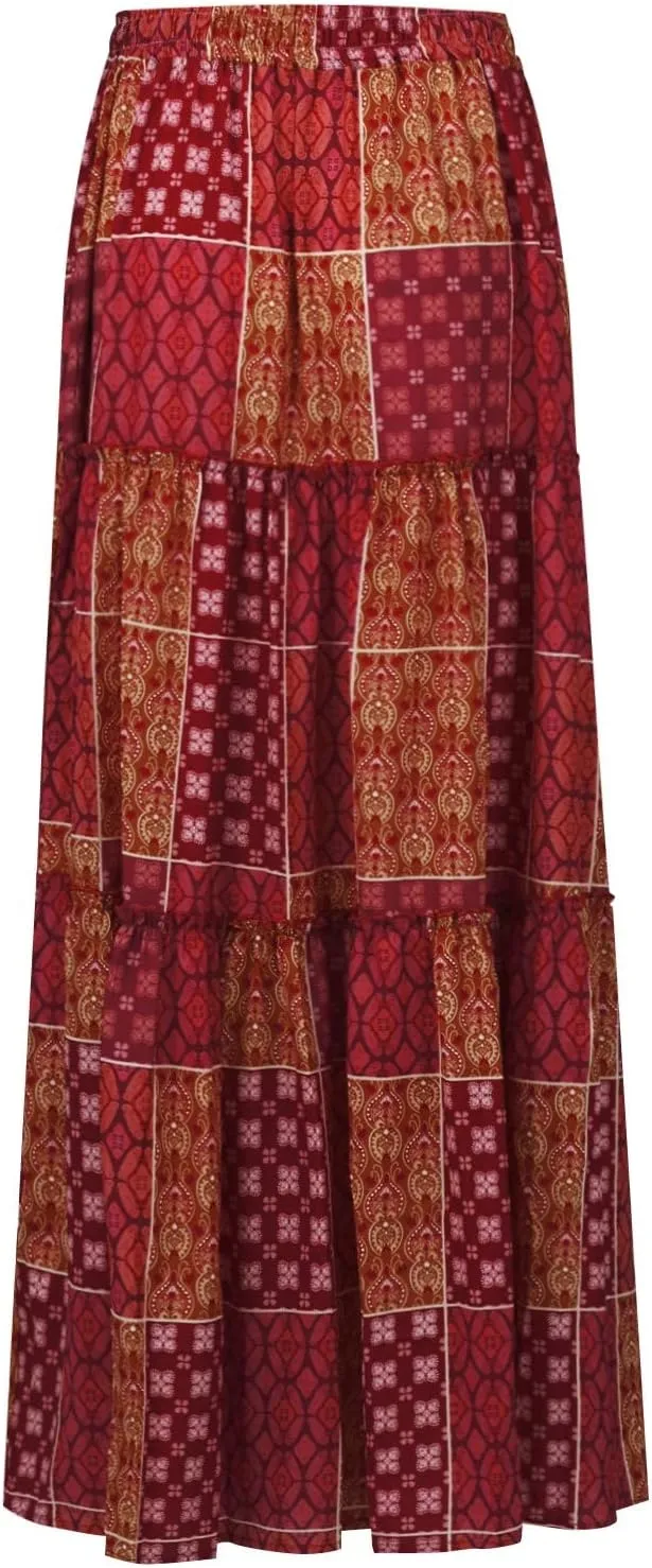 Boho Skirts for Women,2025 Summer Flowy High Waist A Line Maxi Skirt Elegant Pleated Floral Beach Outfits