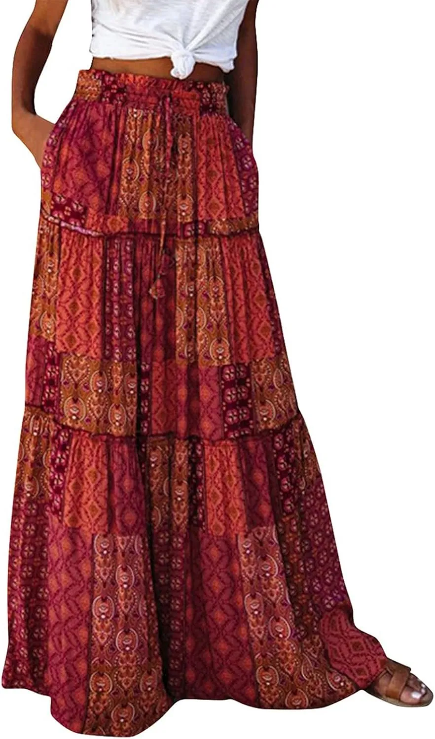 Boho Skirts for Women,2025 Summer Flowy High Waist A Line Maxi Skirt Elegant Pleated Floral Beach Outfits