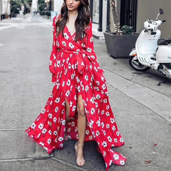 Boho White Floral Flowy Long Sleeve Dress