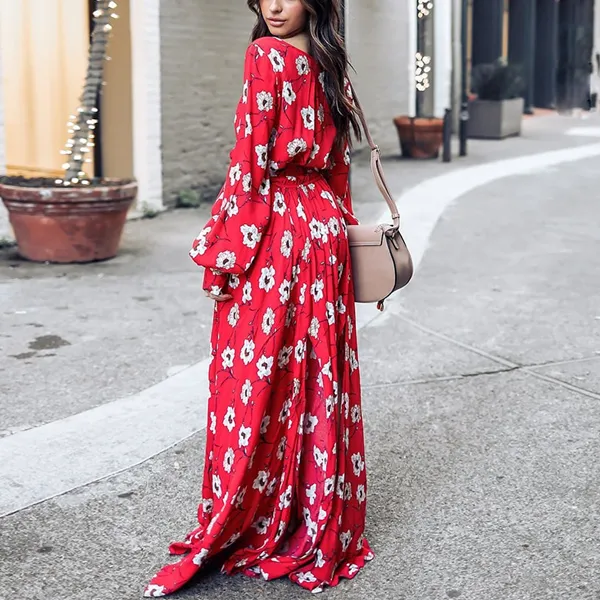 Boho White Floral Flowy Long Sleeve Dress