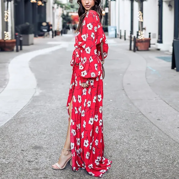Boho White Floral Flowy Long Sleeve Dress