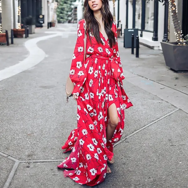 Boho White Floral Flowy Long Sleeve Dress