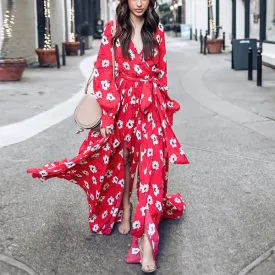 Boho White Floral Flowy Long Sleeve Dress