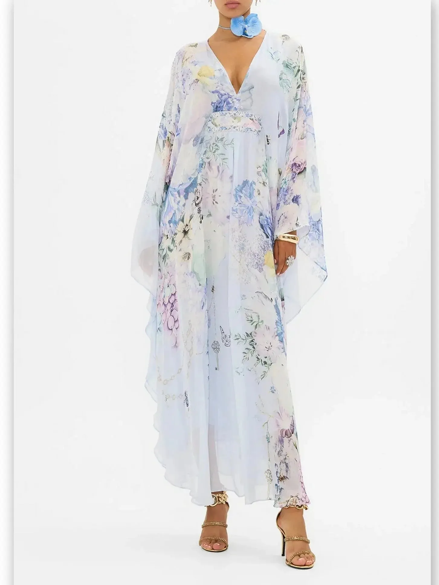 Butterfly and Floral Printed Long Light Blue Kaftan Dress with Waist Detail