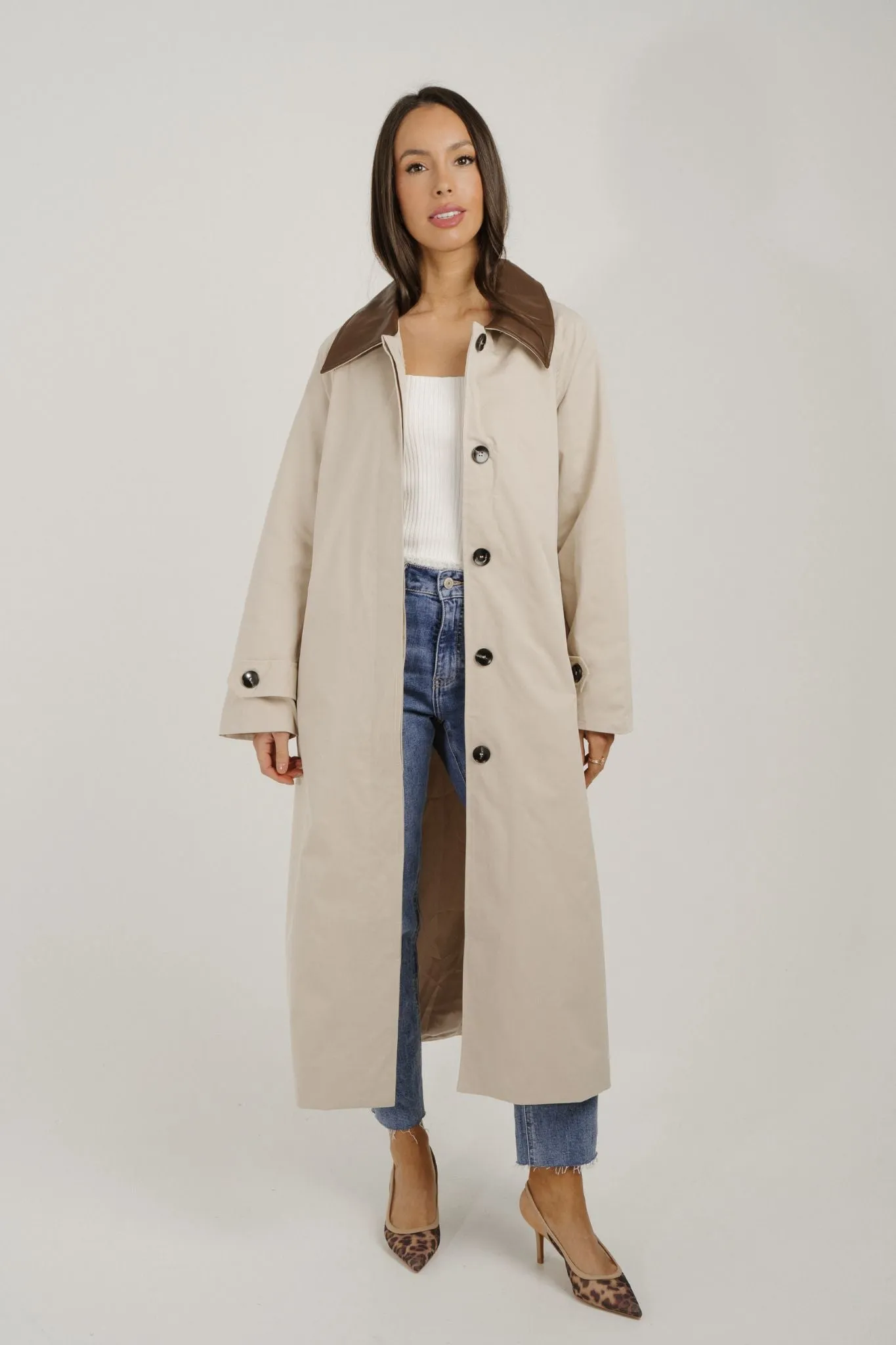 Caitlyn Longline Contrast Trench Coat In Beige