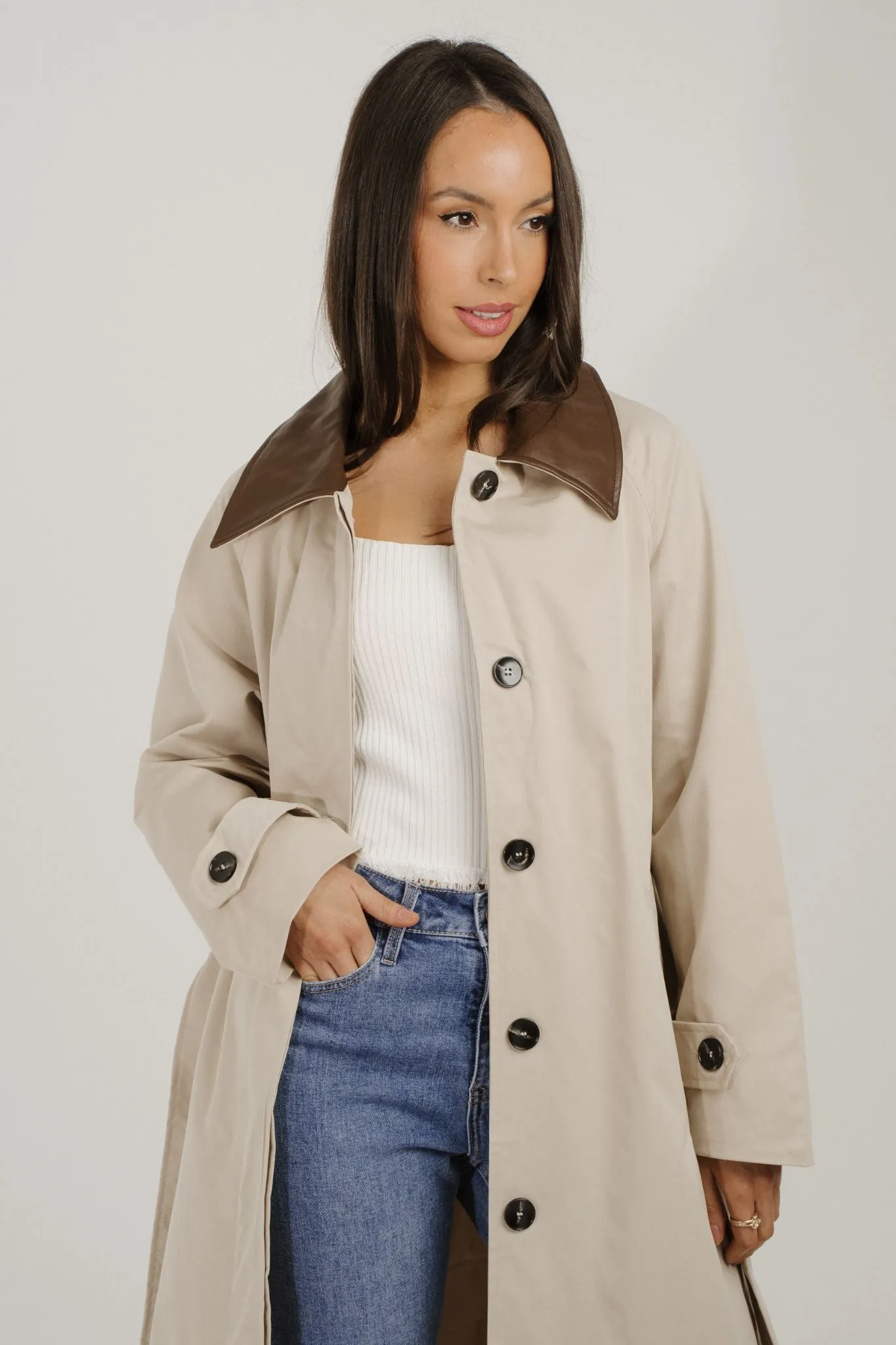Caitlyn Longline Contrast Trench Coat In Beige